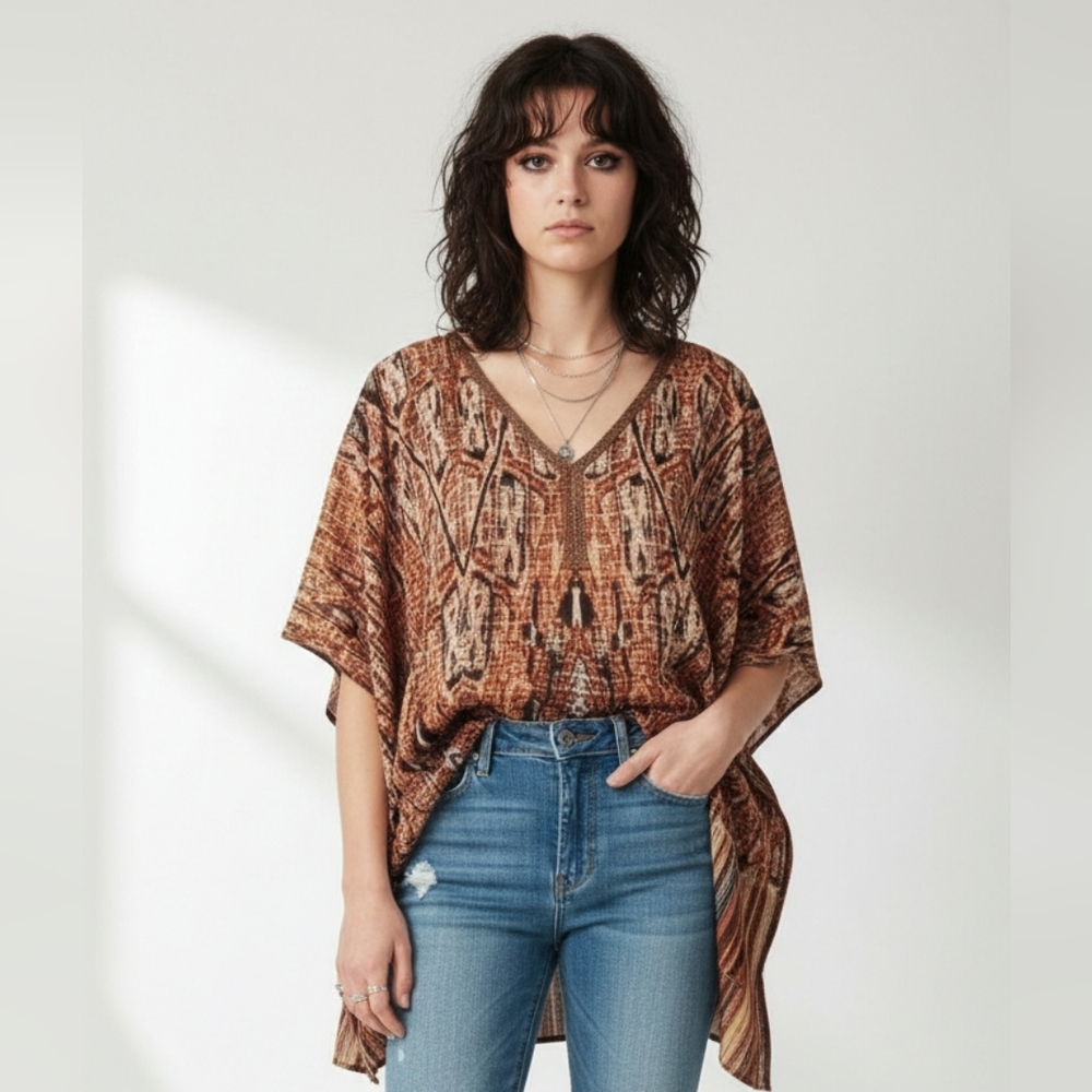 Chico's Blouse Brown Aztec Grunge Beaded Blouse Festival S/M